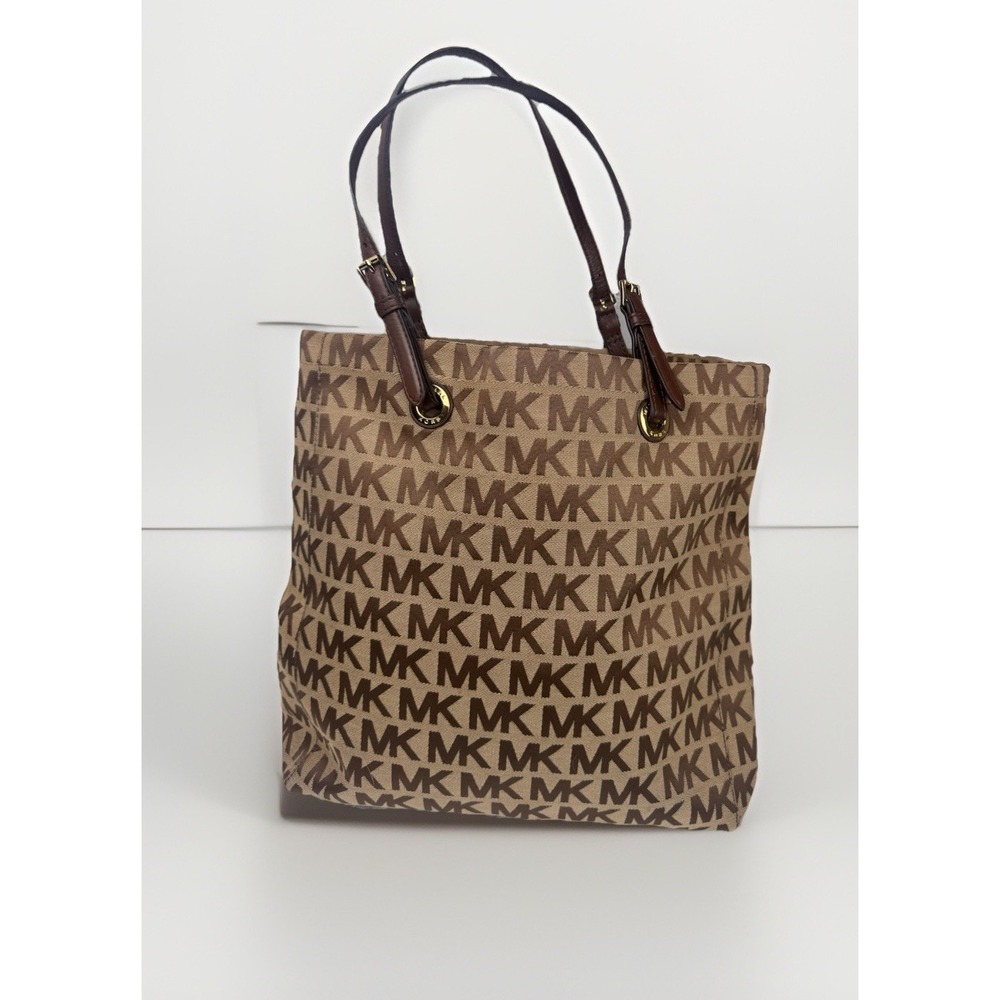 Michael Kors North South Jet Set Tote Bag Large Beige Mocha‎ Canvas Logo Bag